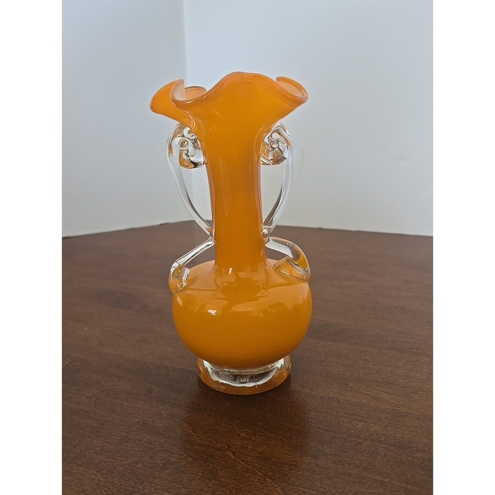 Vintage Orange Hand Blown Art Glass Vase Clear Handles Ruffled Rim Murano Style - Picture 3 of 8